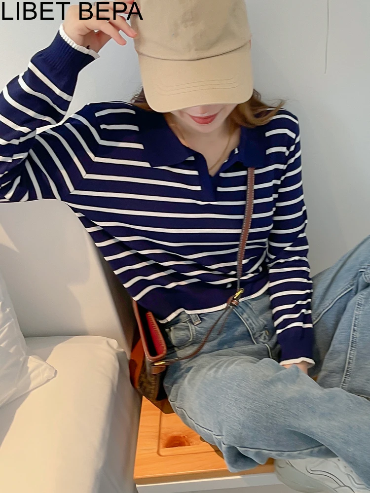 New 2022 Chic Korean Fashion Striped POLO Collar Women Spring Summer Sweater Knitted Icy Silk Elegant Vintage Lady Tops SW1625DG