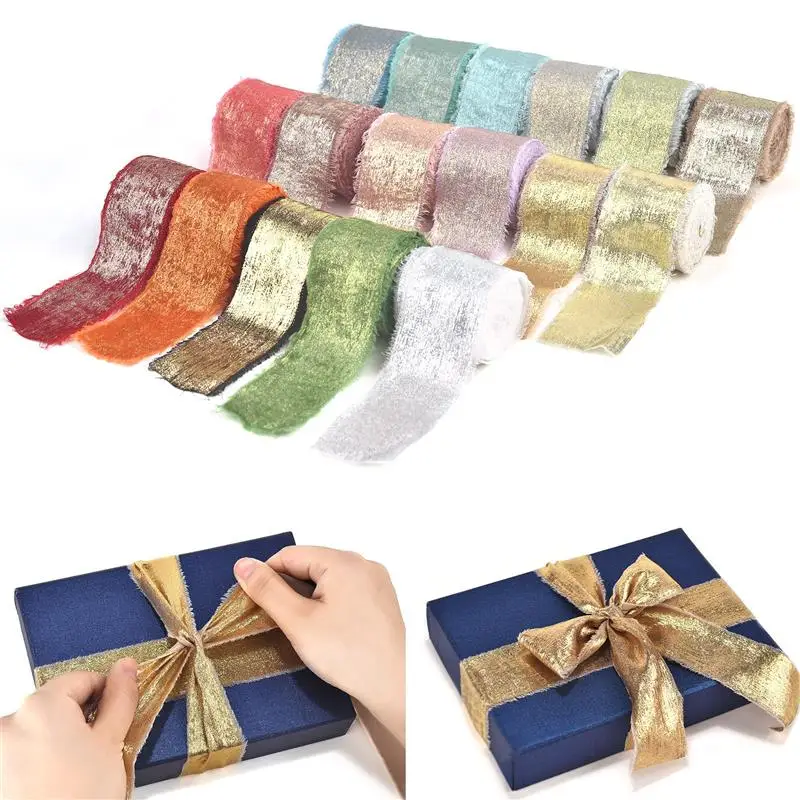 Handmade Frayed Edging Golden Silk Ribbon Cloth Ribbon For Wedding Invitation Wrapping Bouquets Birthday Party Decorations Gifts