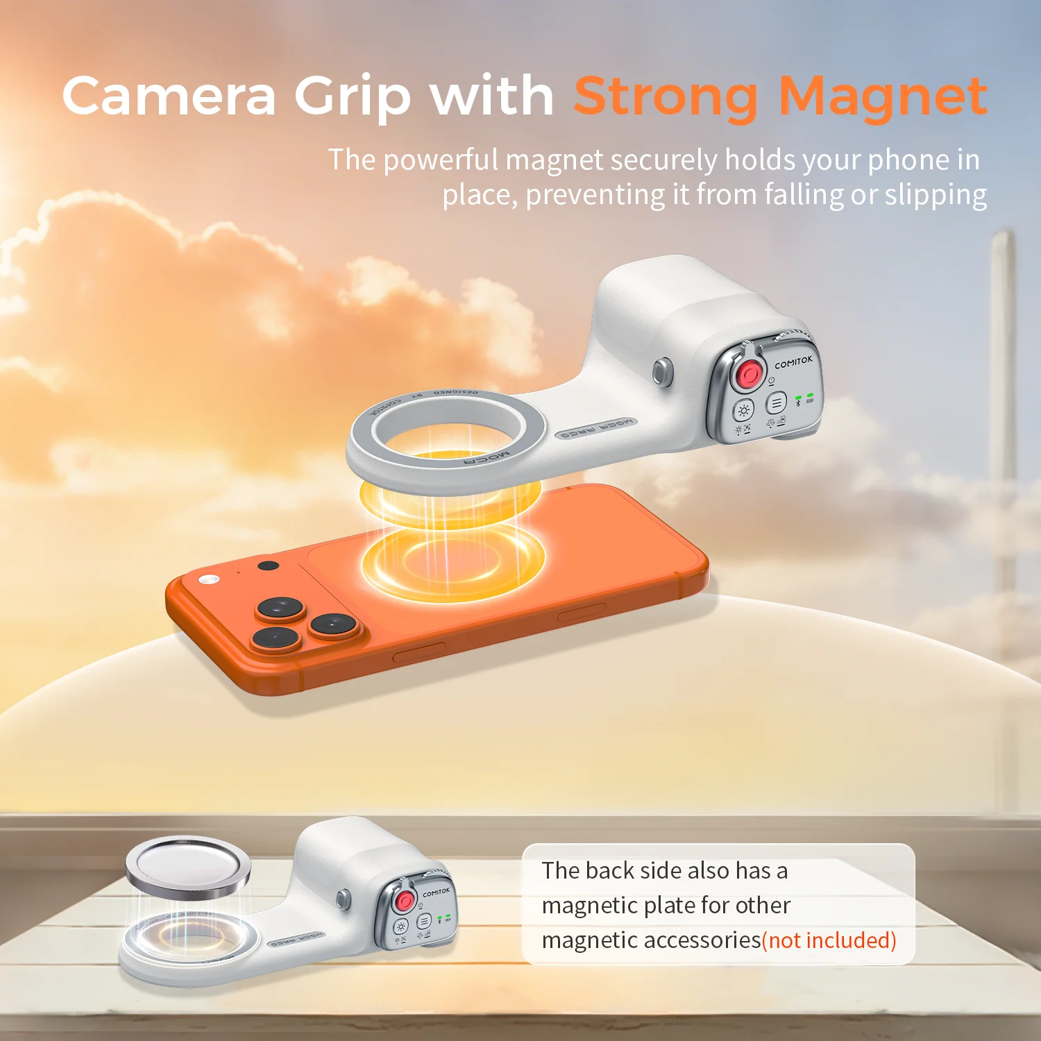 COMITOK MOCA ARCO iPhone Camera Grip with Mirror Series Removable Bluetooth Remote Control Ergonomic Thumb Rest Area Magsafe Compatible with IOS17/18/26 Fun Shot Magnetic Grip for Phone Compact for Travel Photography Vlogging view 6
