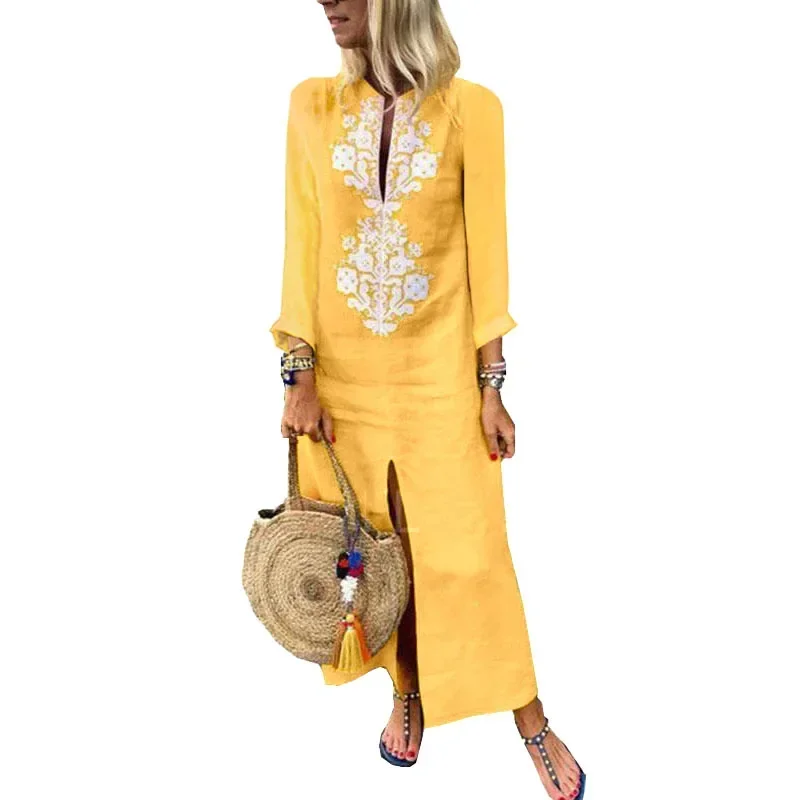 Cotton linen boho holiday dress women Spring casual African dashiki print front slit maxi tunic V neck dress