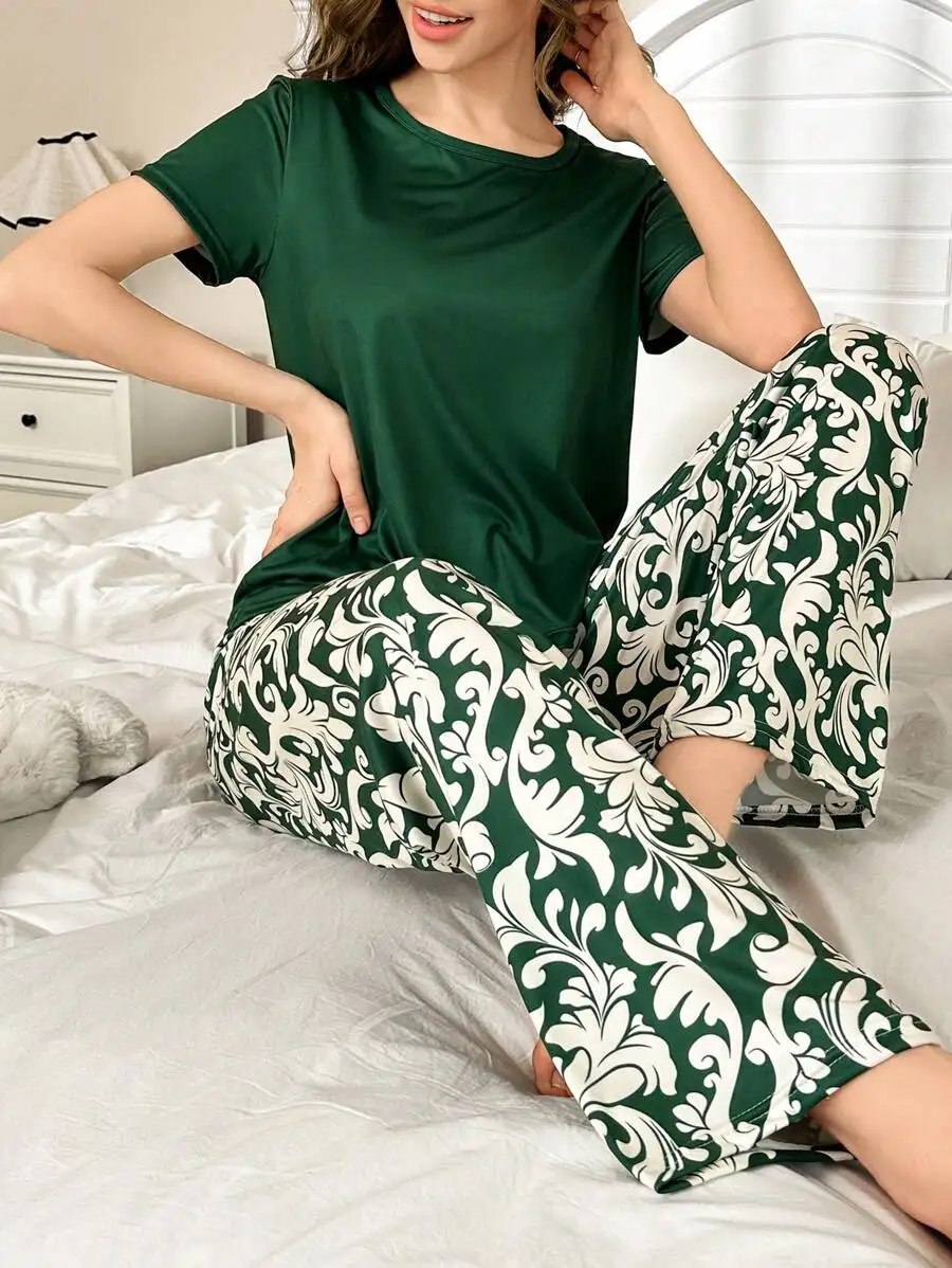 Women Solid Crew Neck Sleep Top And Printed Casual Pants Pajama Set