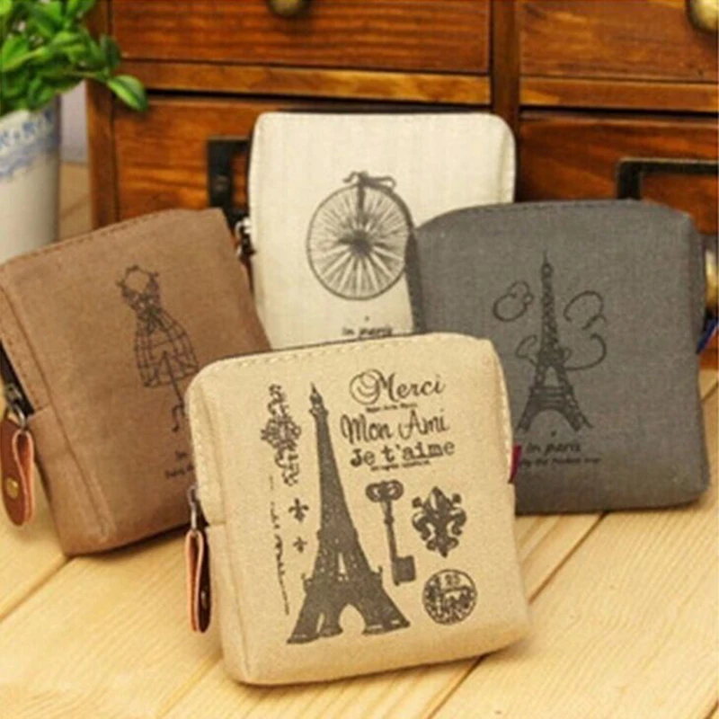 Vintage Paris Coin Purse Korean Small Bag Nostalgic Memory Canvas Coin Bag Urban Simplicity Zipper Wallet Coin Pouch