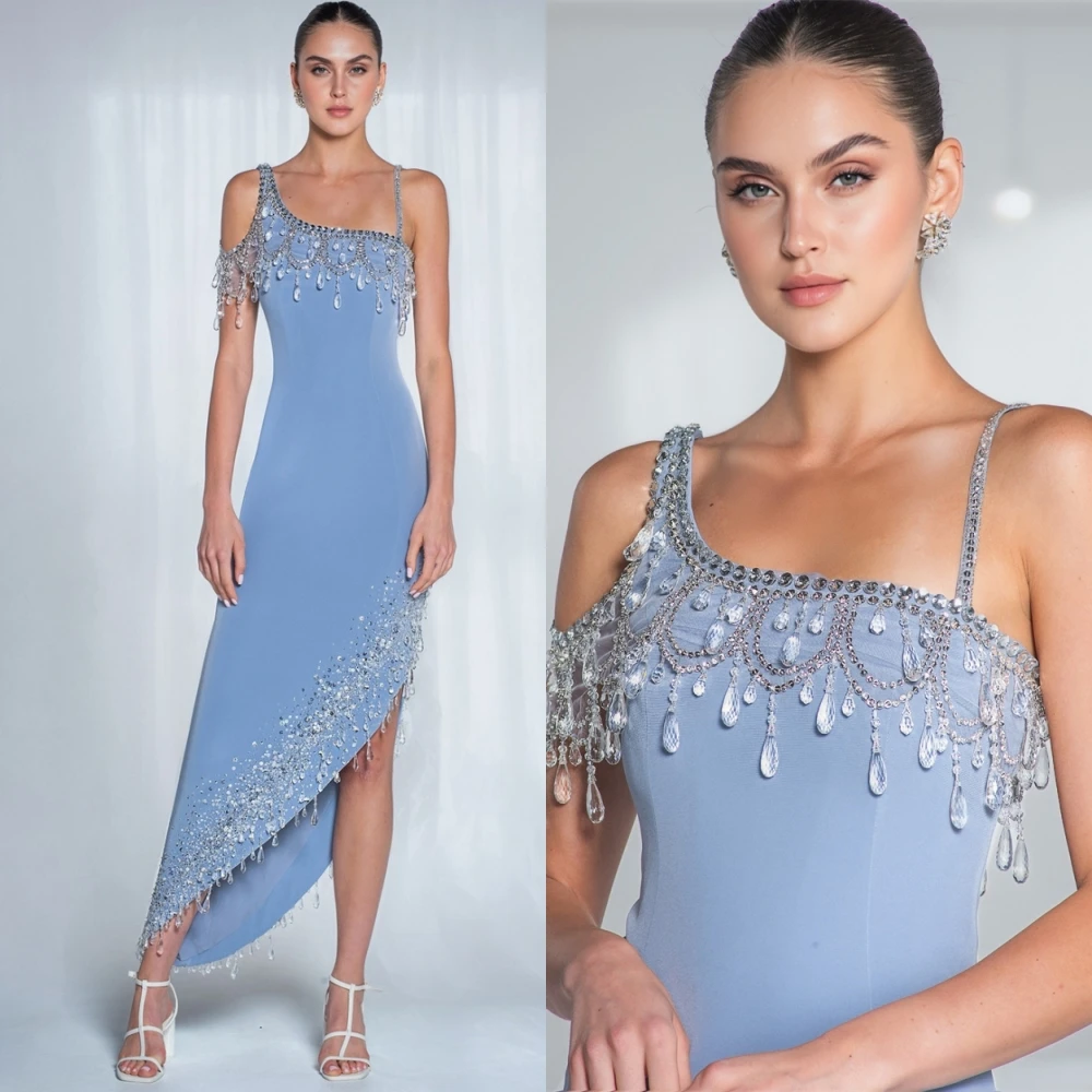 فستان سهرة فاخر مخصص من الجيرسيه مطرز بالخرز، فساتين كلاسيكية بكتف واحد لحفلات العودة للوطن، فساتين مناسبة مخصصة من الكريستال اللامع