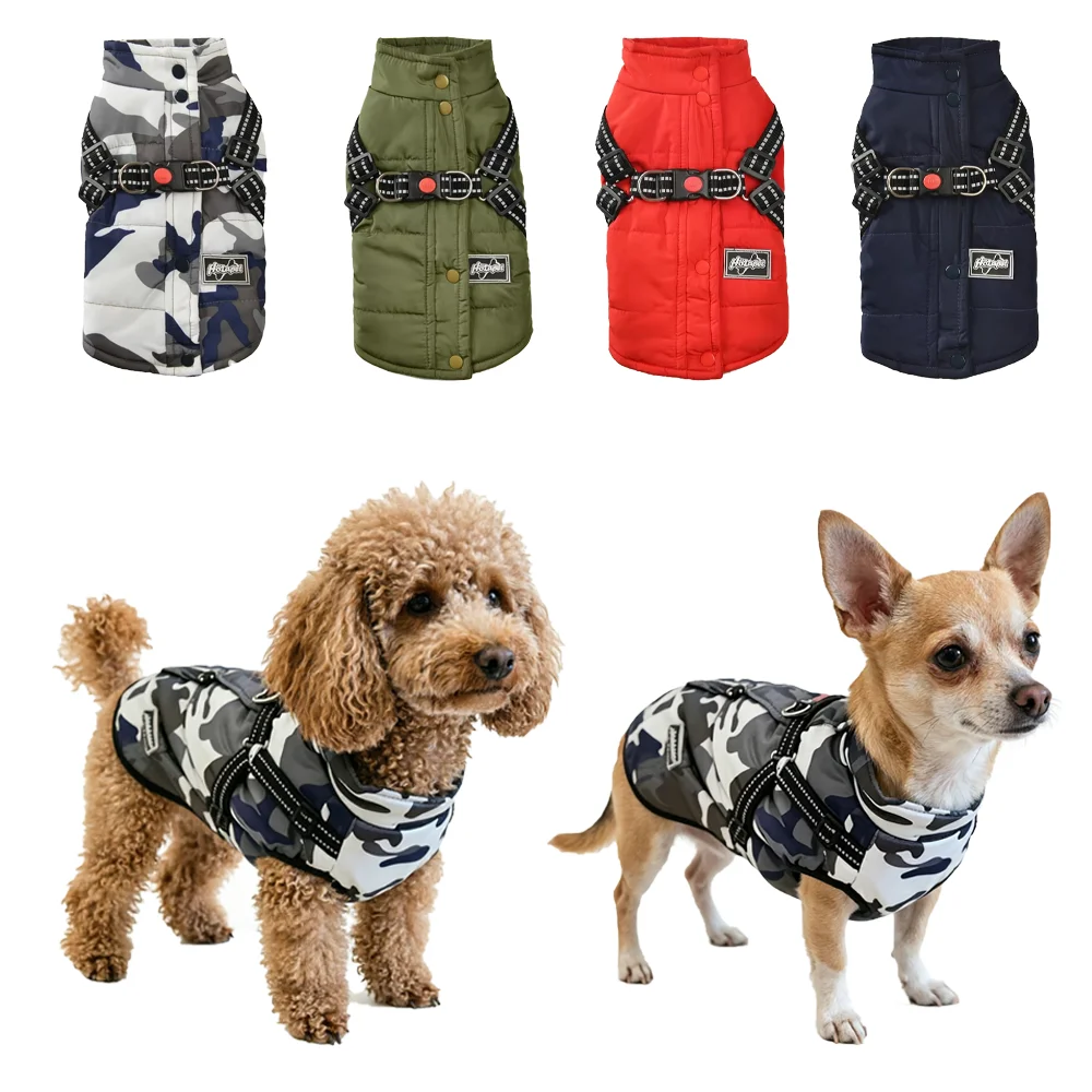 Winter-Hundemäntel, winddichte, warme Jacke für kleine, mittelgroße Hunde, Katzen, mit reflektierendem, verstellbarem Geschirr, Chihuahua-Kostüm