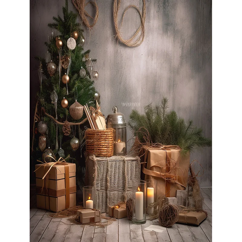 빈티지 크리스마스 날 사진 배경 소품 벽난로, 겨울 크리스마스 트리 장식, 꽃 화환 나무 문짝 배경 JL-05