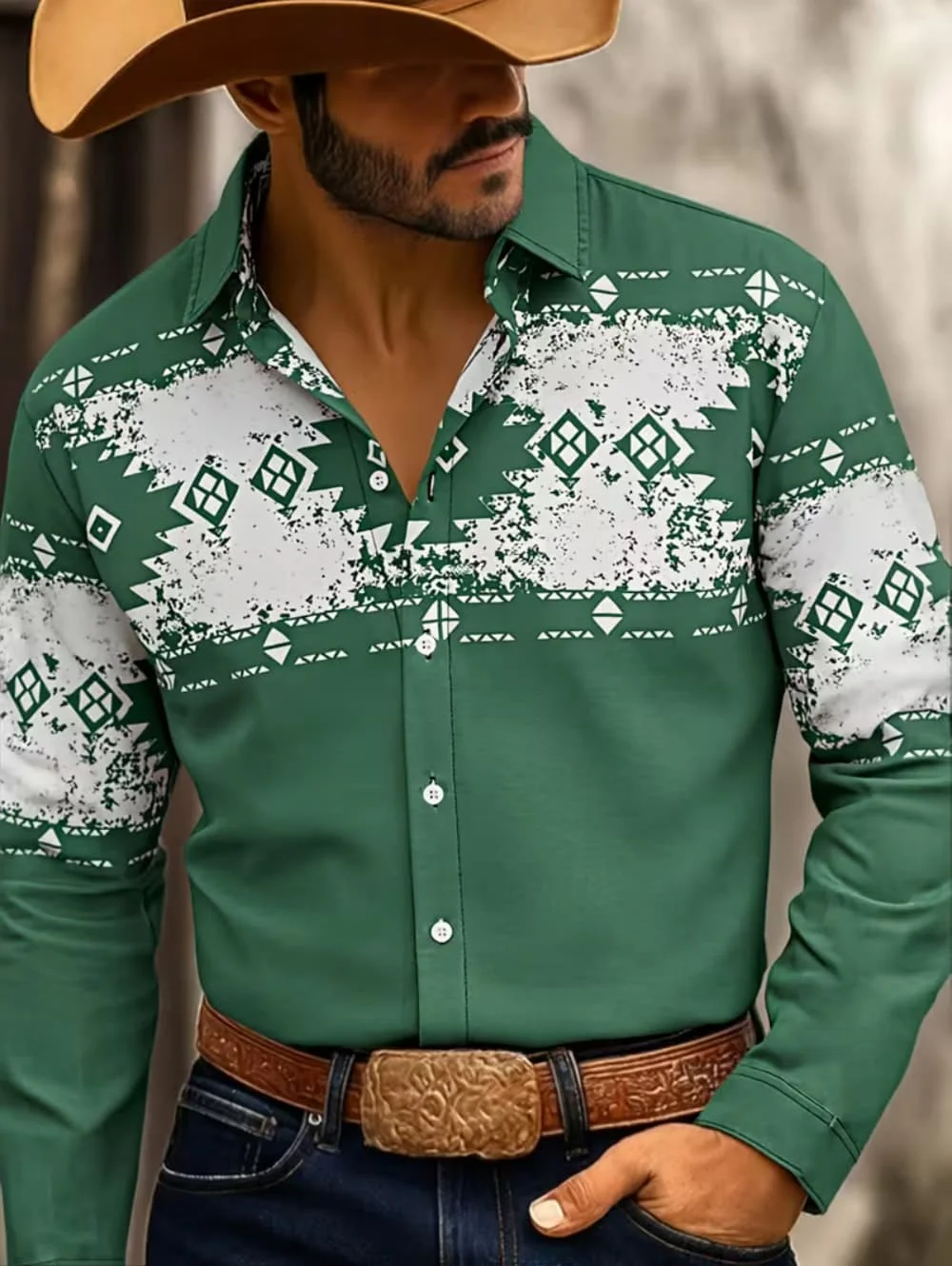 

2026 Men's Tribal Pattern Long Sleeve Men's Black Western Cowboy Shirts Western Event Attire Stylish Men's Shirt Slim Fit Shirt
