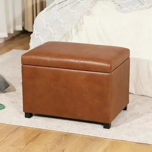24-Inch Storage Ottoman Bench,Foot Stool Ottoman with Storage, Faux Leather Upholstered Foot Rest Seat with Safety