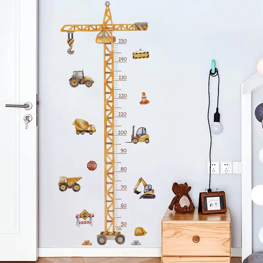 Height Stickers Construction Vehicle Tower Crane for Kids Room Kindergarten Baby Measuring Height Ruler Wall Stickers Boys Gift
