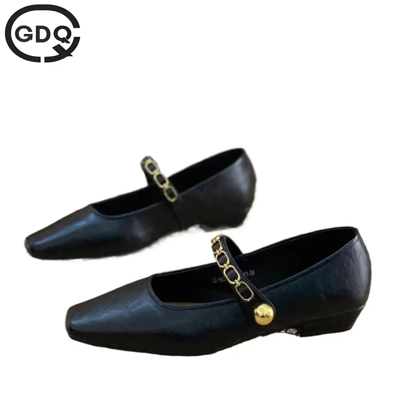 

GDQQ 2024 Withered Nordic Minimalist Gold Chain Loafers Genuine Flat Shoes Women Leather Casual Commuting Mary Jane Kawaii