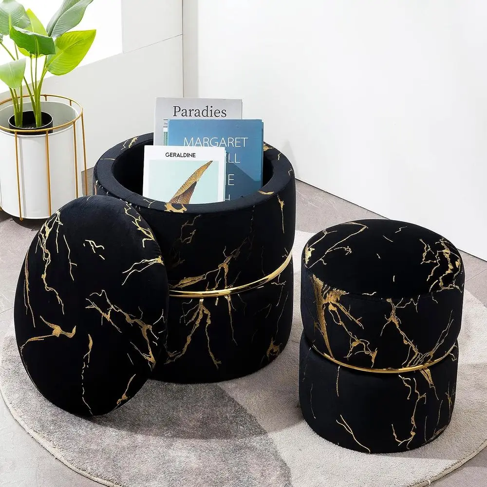 Pack Of 2 Black Round Bronzing Storage Ottoman Modern Velvet Upholstered Ottoman Stool Luxurious Poufs Sofa Footrest For Living
