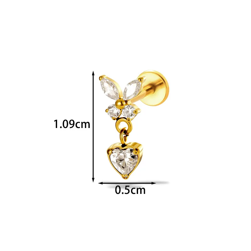 1PC G23 Titanium Internally Threaded Butterfly CZ Dangle Labret Tragus Cartilage Conch Helix Stud Earring Nose Piercing Jewelry