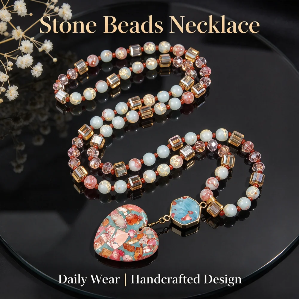 Handmade Composite Stone Beaded Long Statement Necklace For Women Heart Pendant Bohemian Daily Wear Neck Jewelry