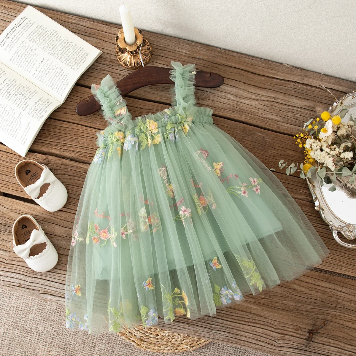 فستان الأميرة الصيفي للفتيات بدون أكمام على شكل زهرة الكرمة الشبكية للطفل بعمر 0-2 سنة فستان أطفال رائع بدون حمالات لأعياد الميلاد للفتيات