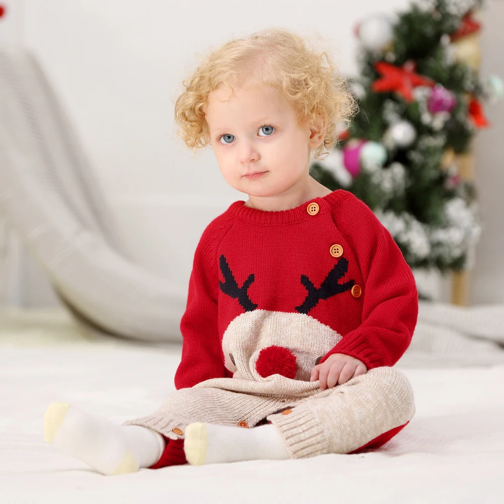 3-24M Infant Baby Boy Girl Christmas Rompers Reindeer Knitted Jumpsuits Xmas New Year's Costume Winter Warm Wool Baby Clothing