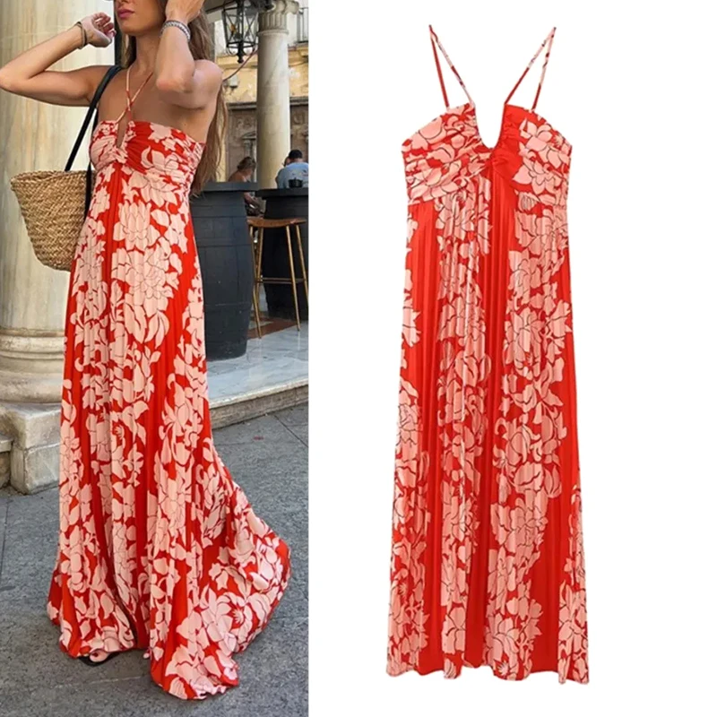 

Women's Dress Summer High Waist Pleated Floral Print Camisole Midi Dress Sexy Halter Neck Backless Dress