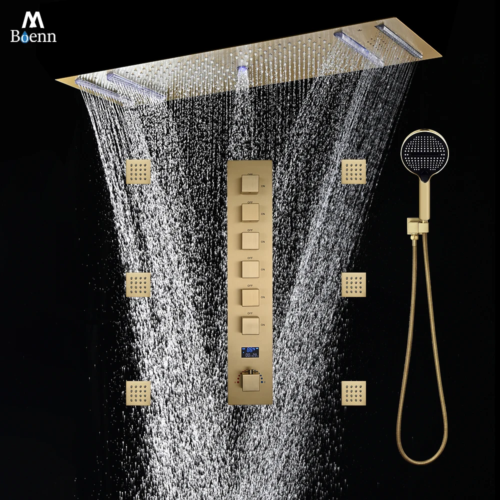 

M Boenn 6 Functions Lovers Shower Set System 35*12 Inch Couple LED Shower Head Thermostatic Mixer Faucet Brass Massage Body Jet