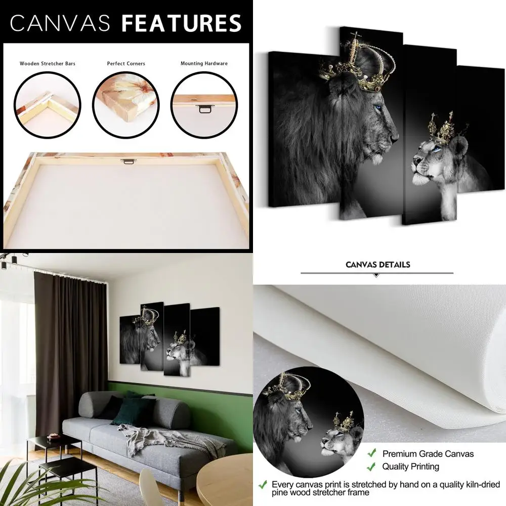 

Элегантный 4-панельный холст «Король Лев и королева» — черно-белый настенный декор в африканском стиле с дикой природой, 48x33