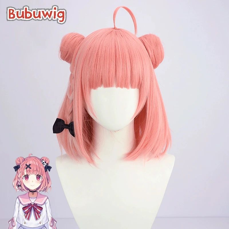 Bubuwig Synthetic Hair Sasaki Saku Cosplay Wigs With Buns Virtual YouTuber Sasaki Saku 35cm Short Pink Cos Wig Heat Resistant