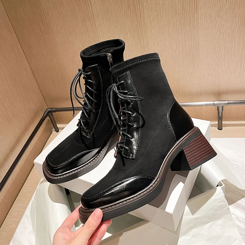 2023 new Autumn winter Women ankle boots  22-25cm cowhide+Elastic flock+pigskin stretch boots mixed color side zip short boots