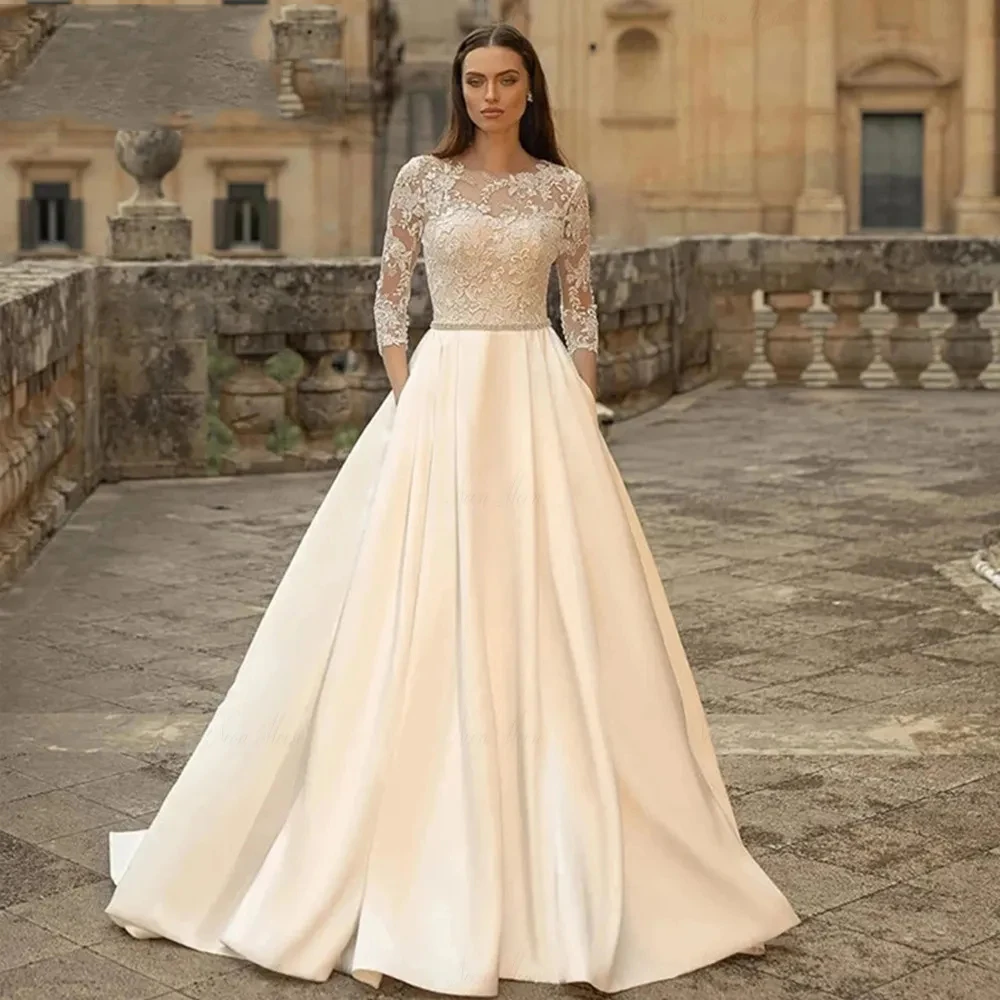 Robe de Mariée en Satin à Manches sulfavec Appliques en Dentelle, Magnifique, Fascinante, Dos aux, pour Patients, Ligne A, Traîne de Balayage, 2023