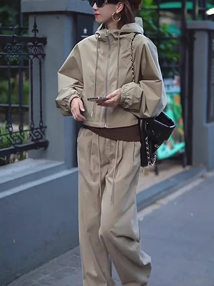 

Faionable ort Coat And Wide Leg Pants Women's Two-Piece Set Autumn New Sle Casual Leisure Outfit Zipper Closure Hoodie