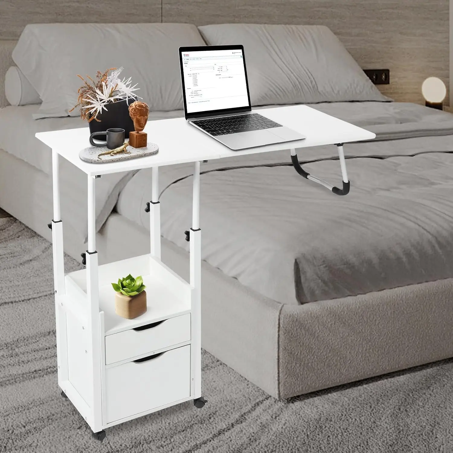 Beweglicher Nachttisch mit Rollen, höhenverstellbarer Bett-Schreibtisch, kompakter rollender Laptoptisch für den Heim- und Krankenhausgebrauch (Typ2)