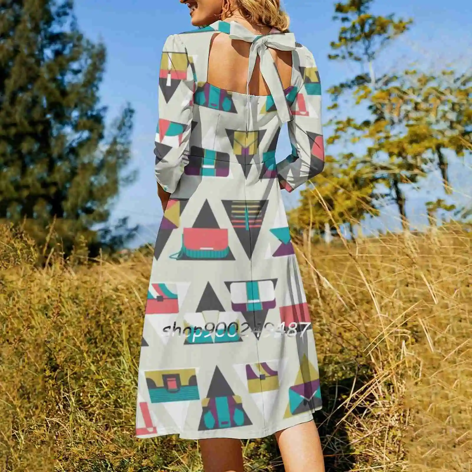 Bagometry 2 Square Neck Dress Cute Loose Print Dresses Elegant Beach Party Dress Triangles Geometric Fashion Style Color Graphic