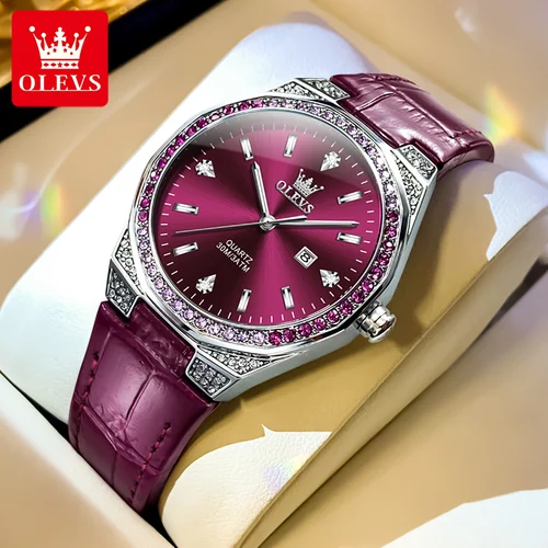 OLEVS, relojes originales para mujer, correa de cuero de moda con diamantes, reloj de pulsera luminoso resistente al agua de 3m para mujer, reloj de cuarzo para mujer