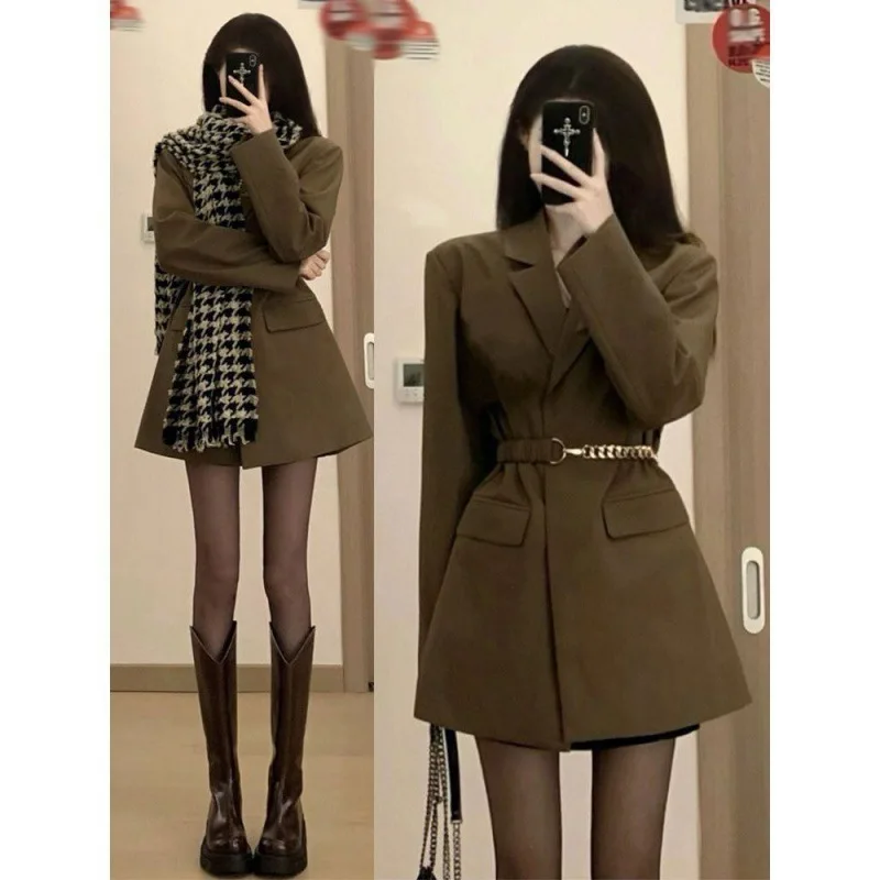 

New Design Sense Padded Shoulder Suit Jacket Women's Korean style Tight Waist Belt Internet Celebrity Fried Street Suit