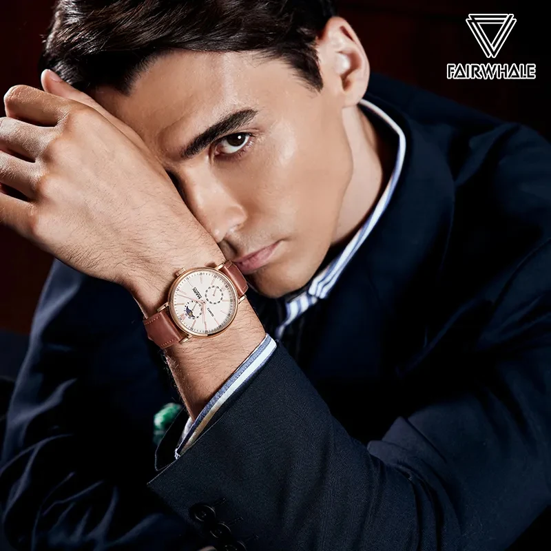 Mark Fairwhale-Reloj sencillo de lujo para hombre, pulsera de cuarzo resistente al agua con correa de cuero marrón, fase lunar, 2023