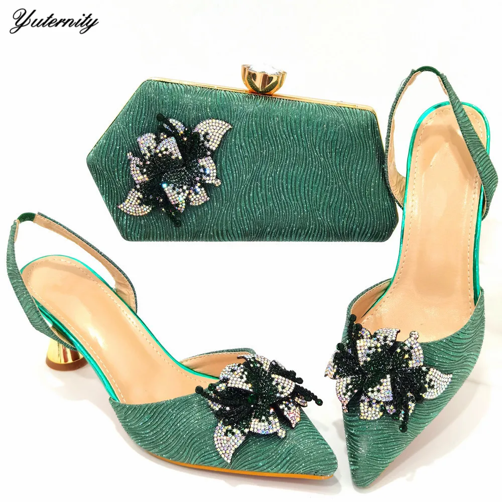 

Summer African PU With Rhinestone High Heels Shoes And Special Bag Set Italian Pumps Shoes And Bag To Match For Wedding Dress