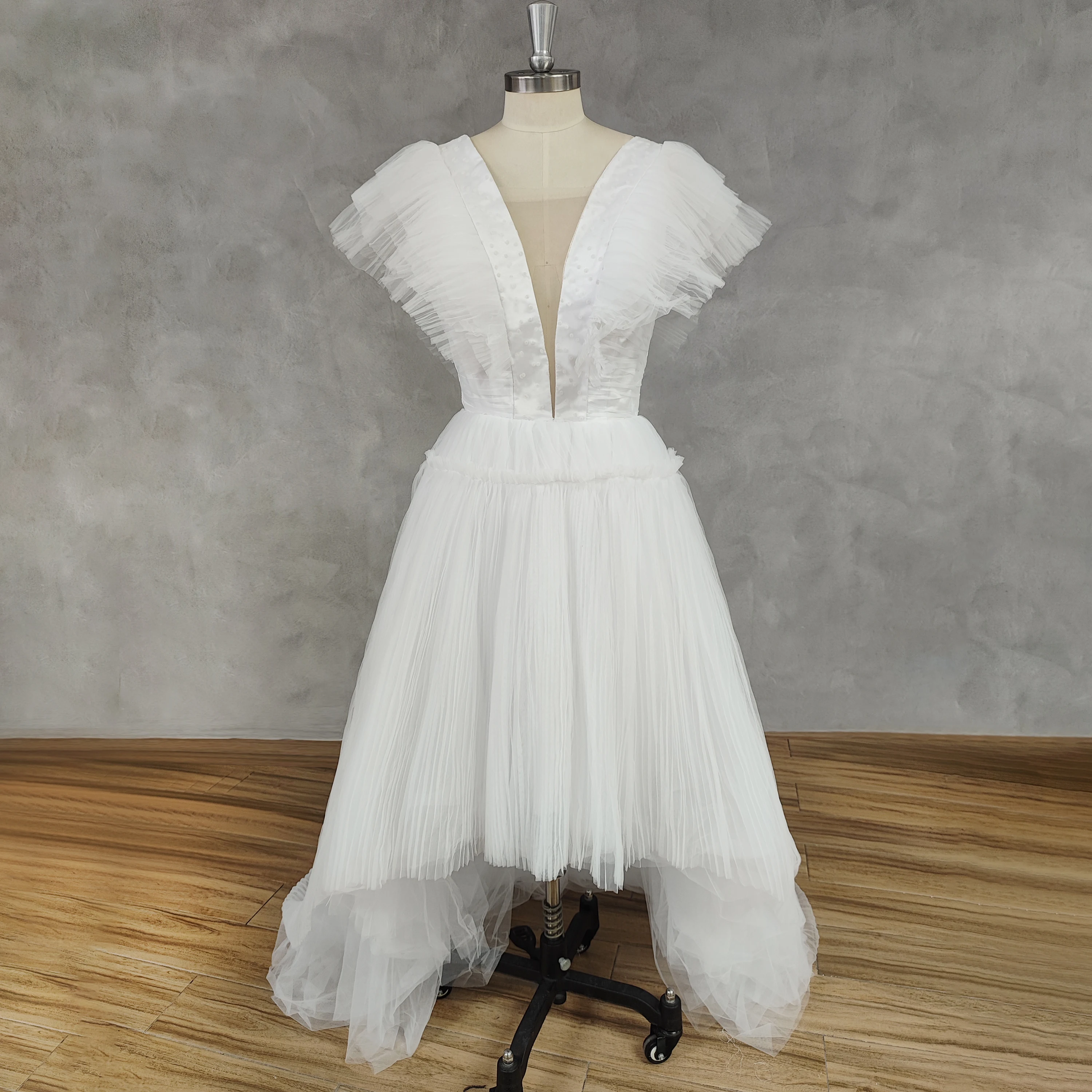 DIDEYTTAWL Real Picture Deep V-Neck A-Line Tulle Flare Sleeves Wedding Dress Open Back High Low Court Train Bridal Gown