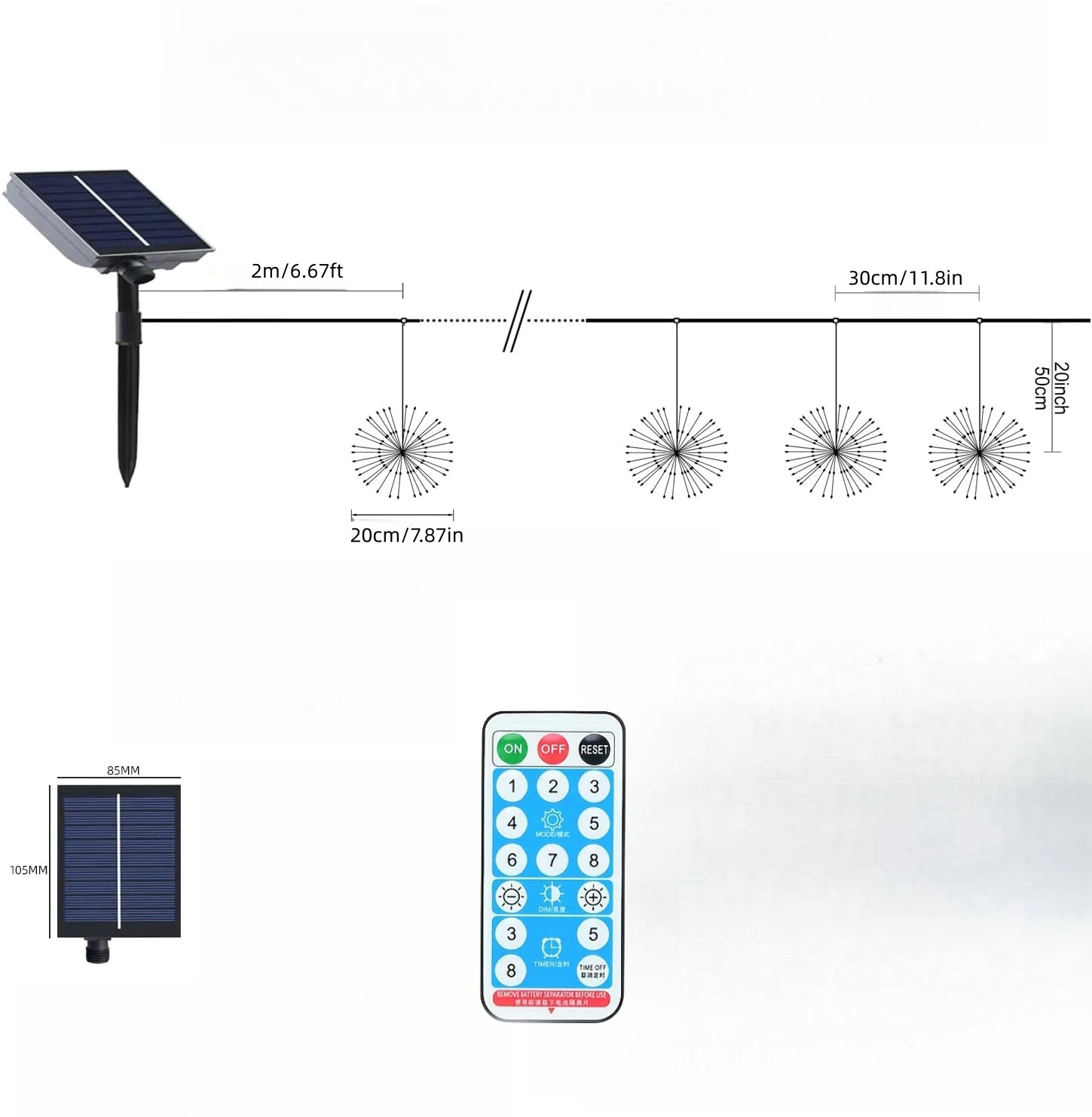 4 Stk/set Warme Witte Vuurwerklampen Op Zonne-Energie, Afstandsbediening 8-Modus Waterdichte Ophanging Dimbaar Sprookjeslicht, Koperdraad Sprankelend