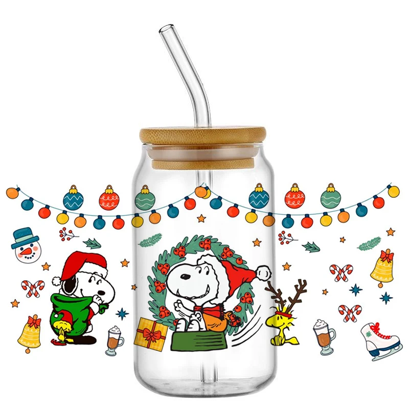 Miniso Christmas Day Snoopy 16OZ UV DTF Cup Wrap Transfer Sticker For Glass Libbey Can Bottle Selfadhesive Washable DIY Custom