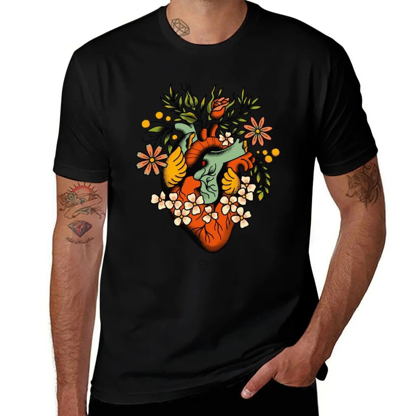 Anatomical Heart with flowers, tattoo flash T-Shirt sports fans graphics Men's cotton t-shirt