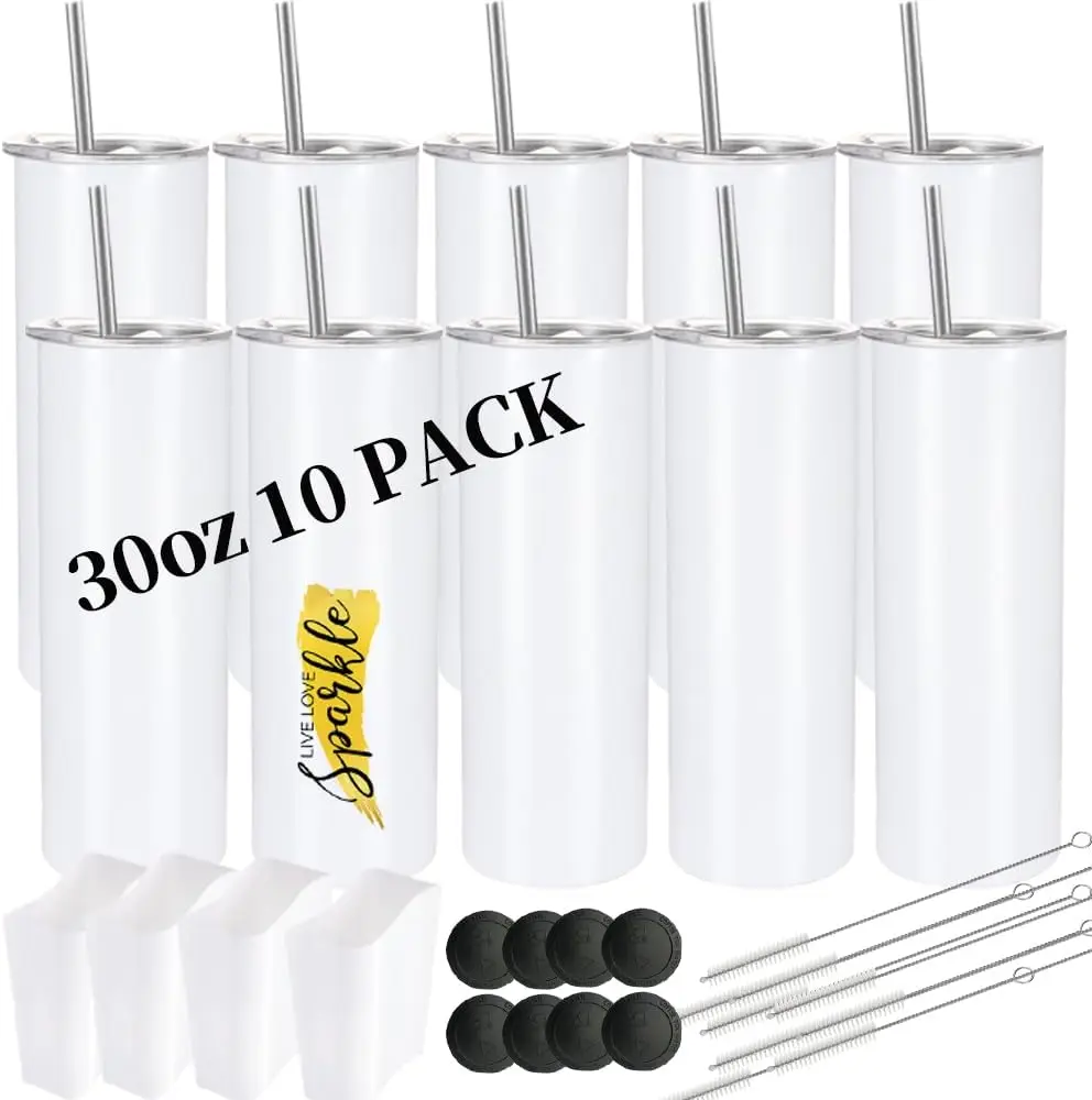 

10-Pack 30oz Straight Skinny Tumbler Blanks - Stainless Steel Insulated for Sublimation with Straws & Lids