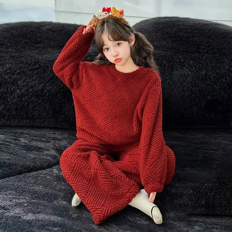 

Зимние пижамы из кораллового флиса для женщин и девочек, красная праздничная домашняя одежда для детей, уютная термобелье для сна для детей, повседневная одежда