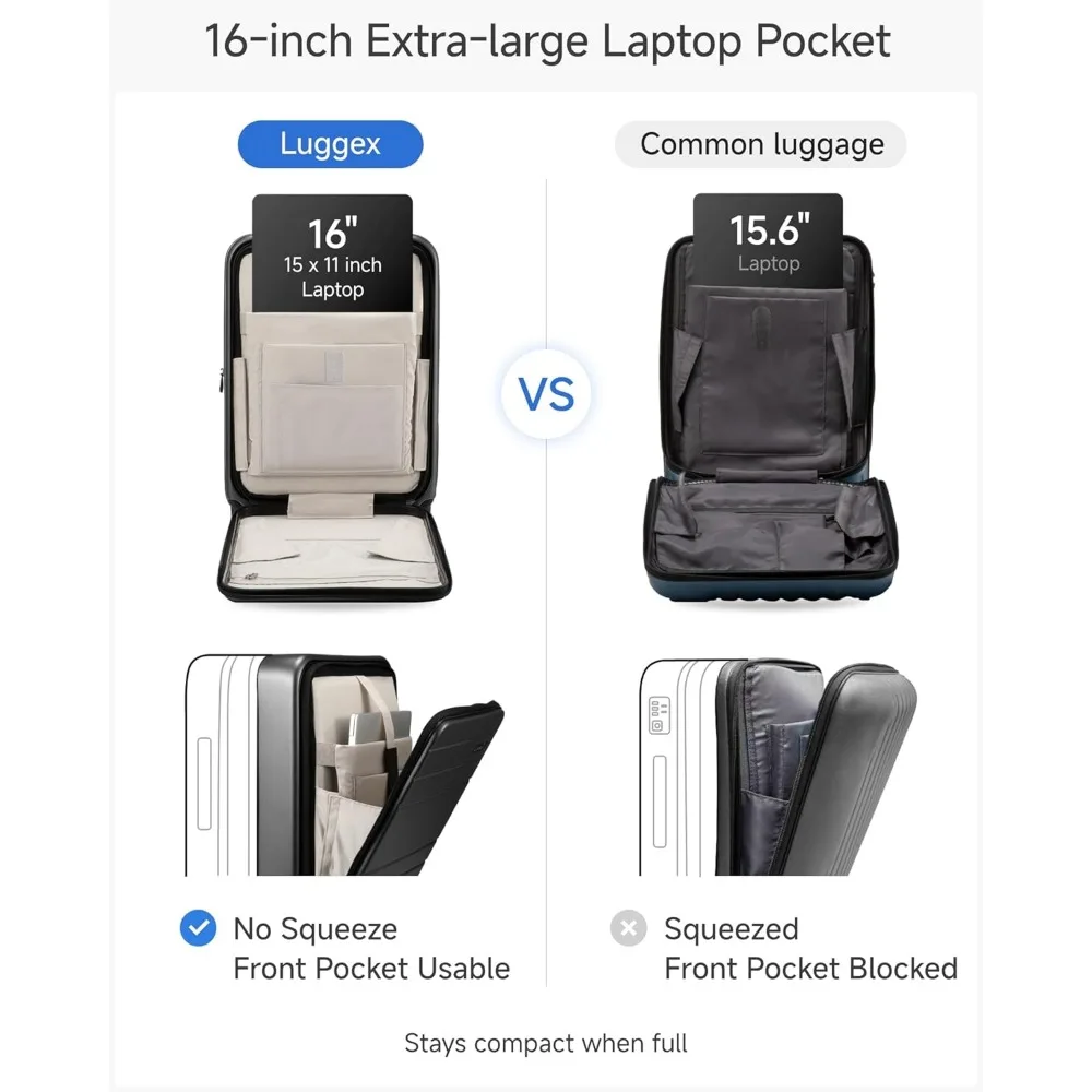 Expandable Polycarbonate Hard Shell Luggage Set, 2 Piece with Front Pocket, Black, 20 and 28 Inch Travel Suitcases