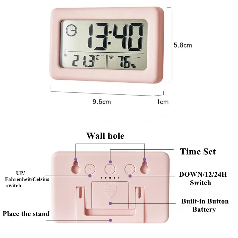 Mini reloj Digital de temperatura y humedad, reloj de mesa portátil, termómetro, higrómetro, 12/24H, funciona con batería, LED