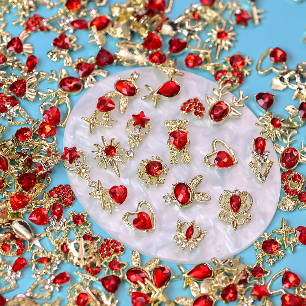 30 قطعة متنوعة من زينة الأظافر الفاخرة من الكريستال الأحمر وسبائك الذهب، تصميم ثلاثي الأبعاد على شكل قلب/أرنب/دب لعيد الحب، مجوهرات مانيكير حمراء للزينة