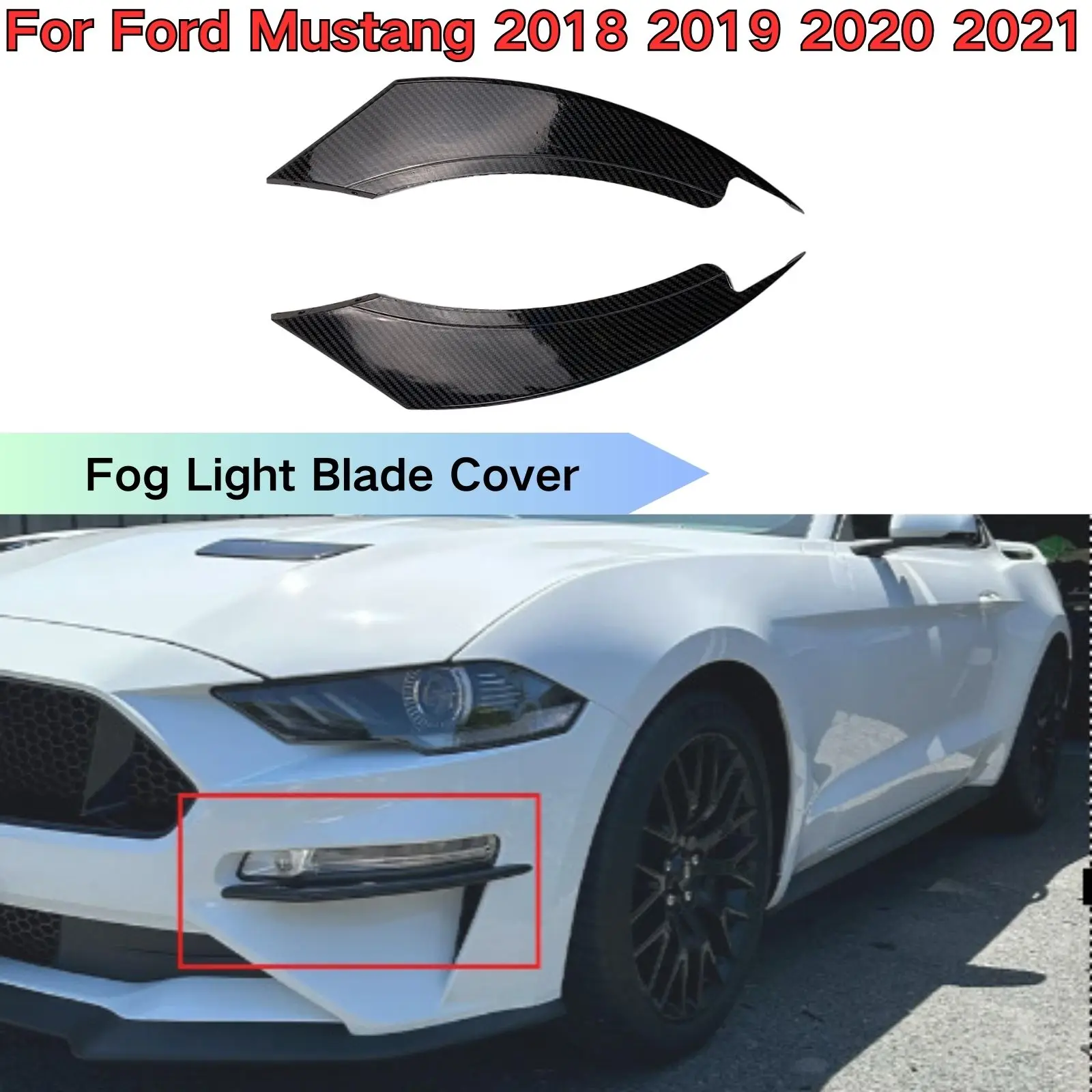 For Ford Mustang 2018-2021 Front Fog Light Lamp Decoration Blade Cover Trim Sticker Matte Black Carbon Fiber Look