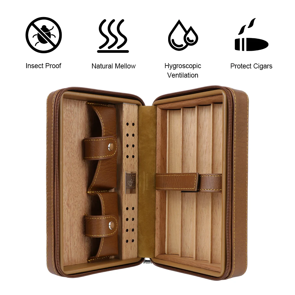 4 Cigars Box Humidor Gift For Boy Friend Father Humidifier Cedar Wood Cigar Humidor Box PU Leather Cigar Case Storage Portable image 4