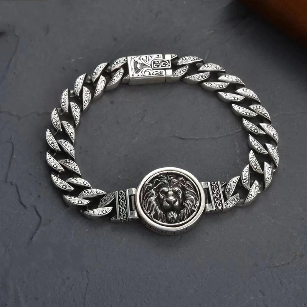 BOCAI S925 Silver Retro Dominance Personality Rattan Pattern Rotatable Lion Tiger Head Men's Bracelet