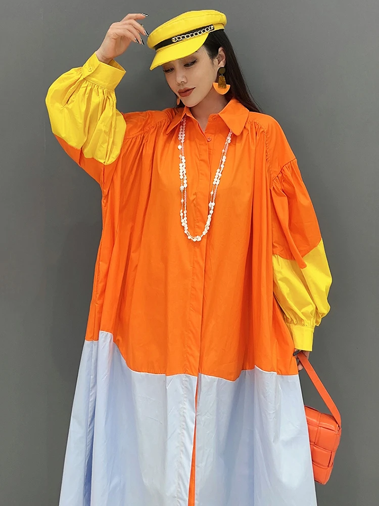 SHENGPALAE Contrast Color Shirt Dress For Women Lapel Lantern Sleeve Casual Loose Mid Calf Vestido Spring 2024 New Trendy 5R9223