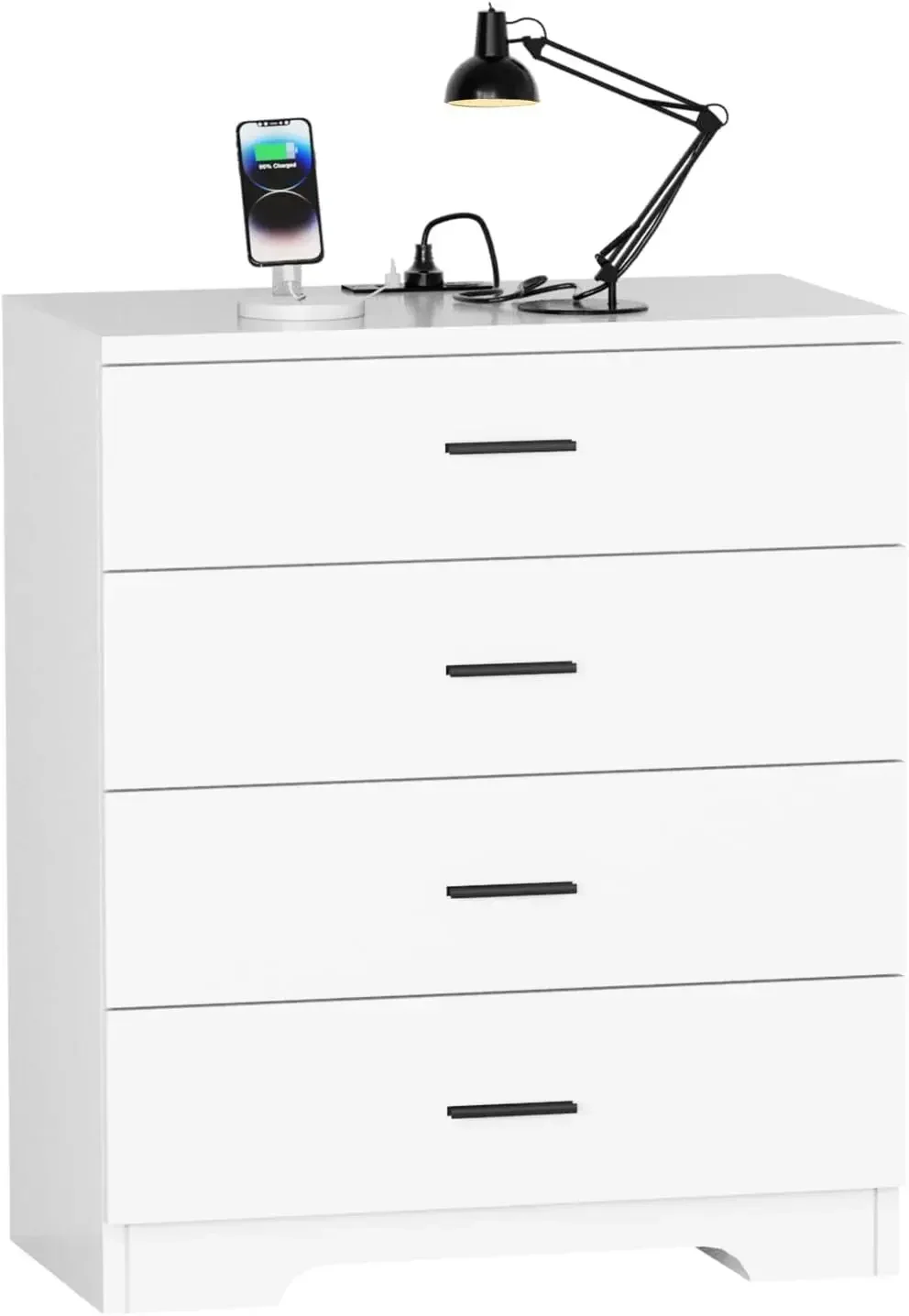 Power Outlets Wooden 4 Drawer Dresser with USB and Type C Port Chest of Drawers for Bedroom Tall White Dresser Storage for Livin