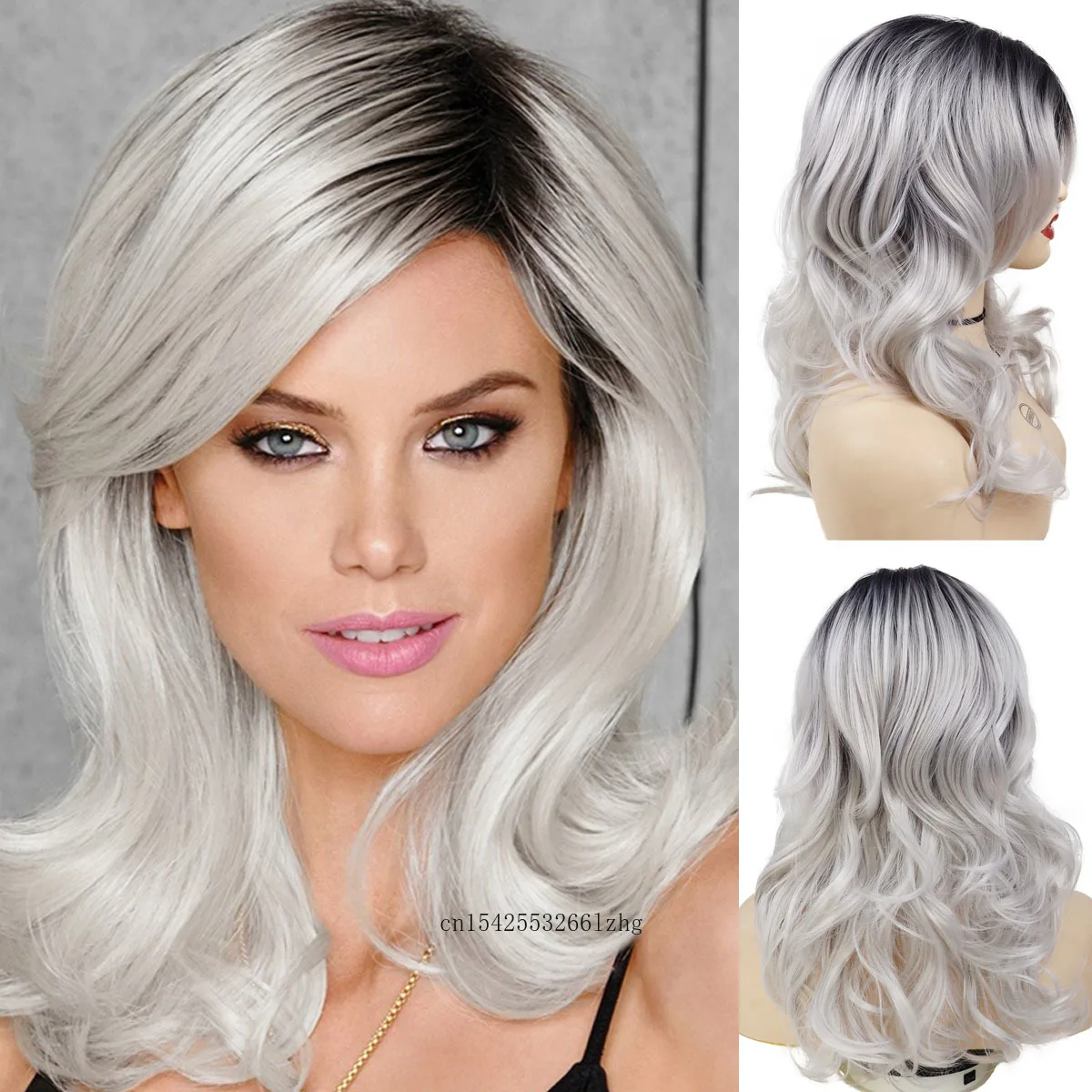 

GNIMEGIL Synthetic Ombre Grey Wig Thick Long Curly Hair Wig with Centre Parting Bang for Women Daily Cosplay Natural Soft Fluffy