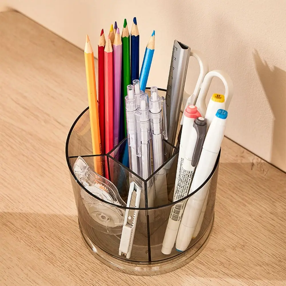 360° Rotation Rotatable Pen Holder Large Capacity 5 Grids Pencil Storage Box PET Space Saving Makeup Brush Organizer Desktop