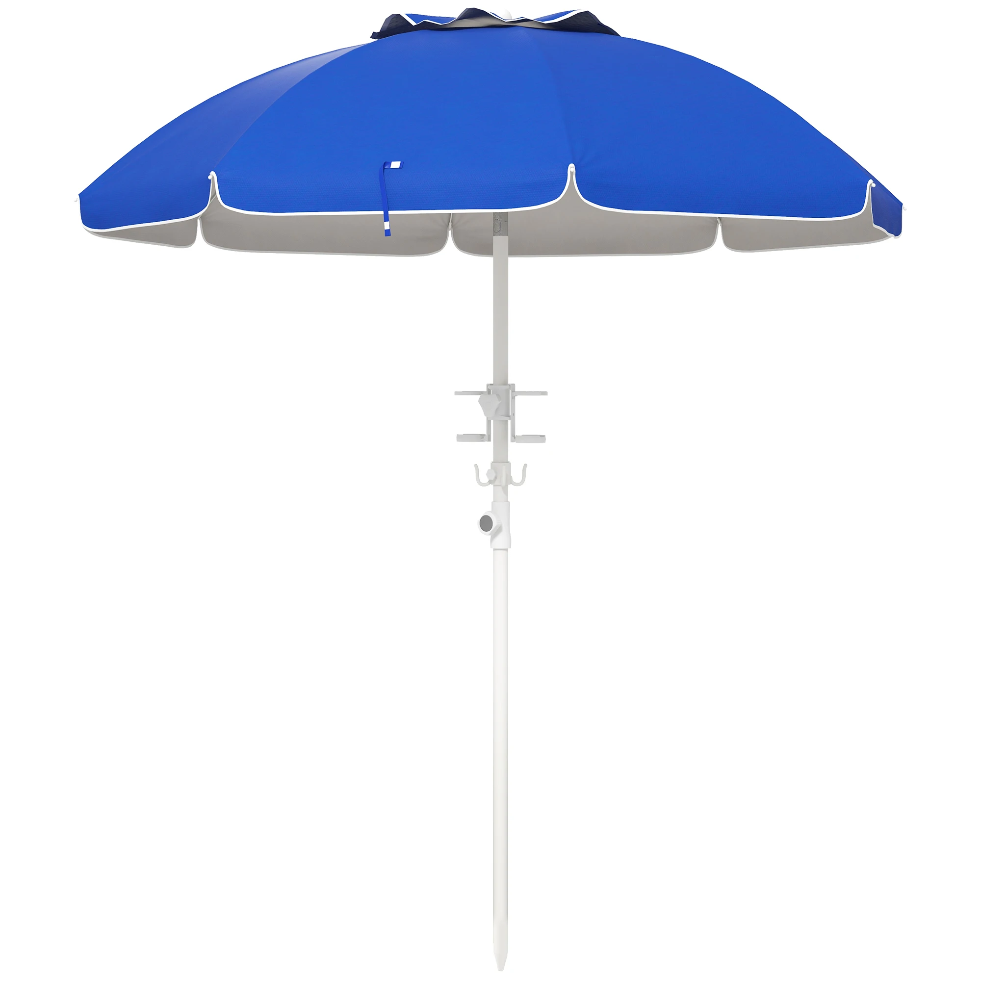 Outsunny beach umbrella Ø 175x205 cm terrace Parasol with 2 cup holders Manual opening hooks anti-UV height adjustable angle garden Blue Pool