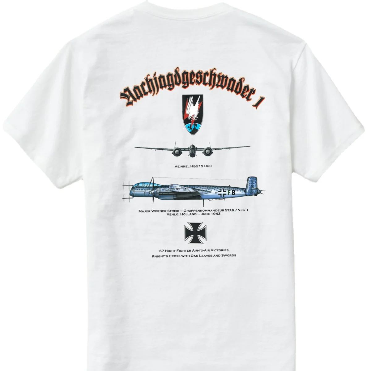 WWII German NJG 1 Ace Pilot Werner Streib He-219 Night Fighter T Shirt. 100% Cotton Casual O-Neck T-shirt Loose Top Size S-3XL