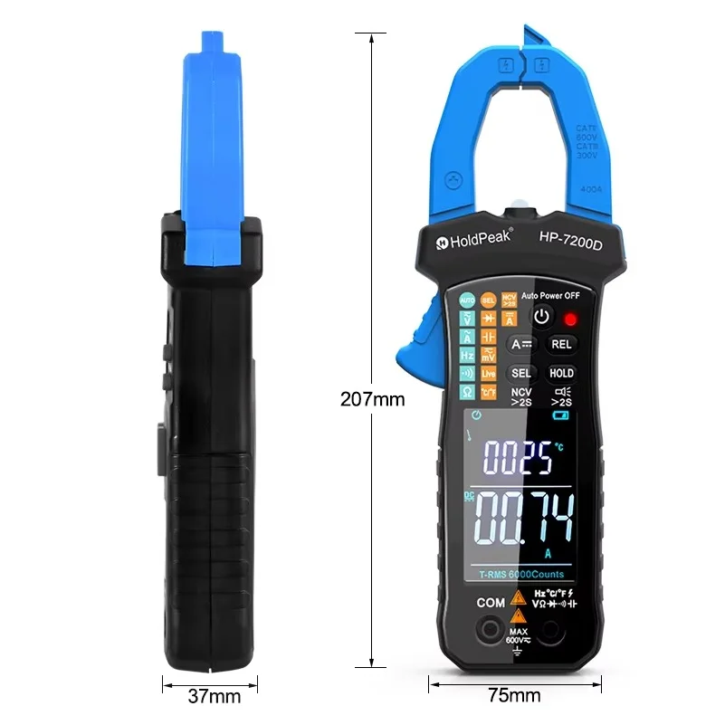 Holdpeak 7200D Auto-Select & Auto-Range, 60A/400A True-RMS Digital AC/DC Clamp Meter Can Auto-Select DC & AC Voltage, AC Current